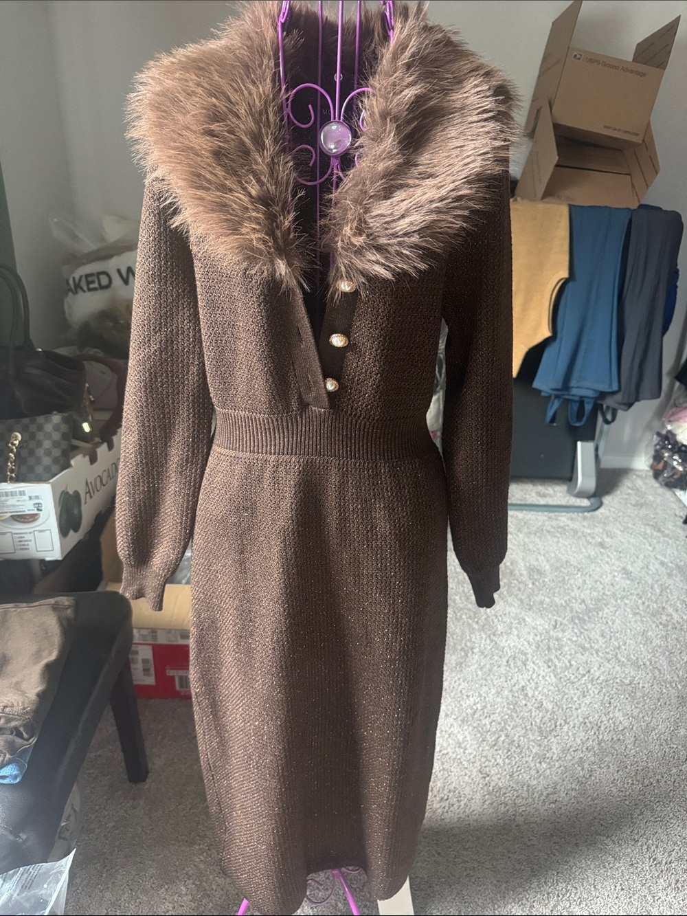 MOTF Women's Brown Knit Midi Dress with Faux Fur Collar